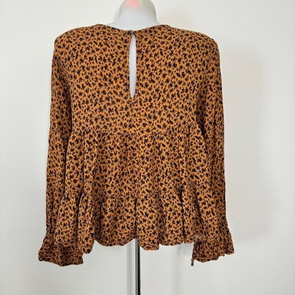 Zara Blouse Tiered Animal Print Long Sleeve Gauze Crepe Lightweight Neutral Sz M - Picture 2 of 16
